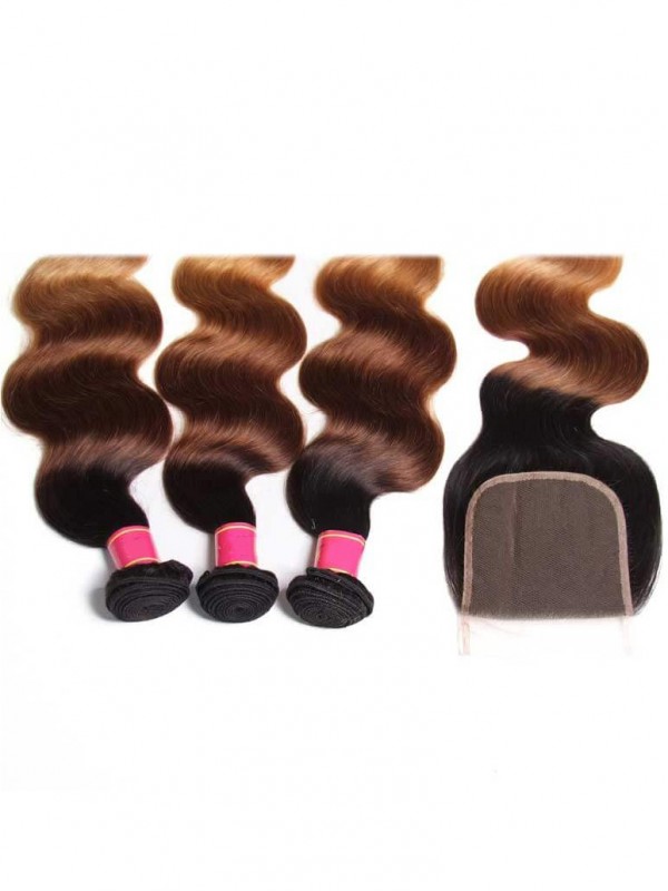 Capelli T1B/4/27 Ombre 3 Fasci Onda Del Corpo Con Chiusura 100% Capelli Umani Vergini