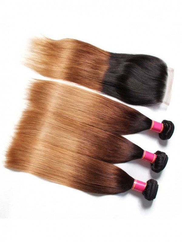 Capelli Vergini Umani Tre Toni Ombre Capelli Dritti Con Onda 3 Pacchi Con Chiusura