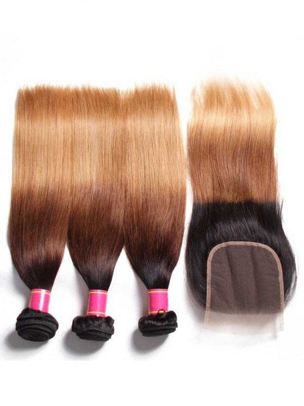 Capelli Vergini Umani Tre Toni Ombre Capelli Dritti Con Onda 3 Pacchi Con Chiusura
