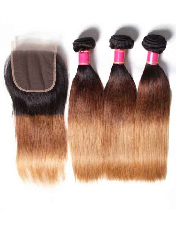 Capelli Vergini Umani Tre Toni Ombre Capelli Dritti Con Onda 3 Pacchi Con Chiusura