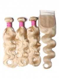 I Migliori Capelli Umani Vergini 3Pcs 613 Fasci Di Capelli Umani Vergini Biondi Con Capelli Dell'Onda Del Corpo Della Chiusura Del Pizzo