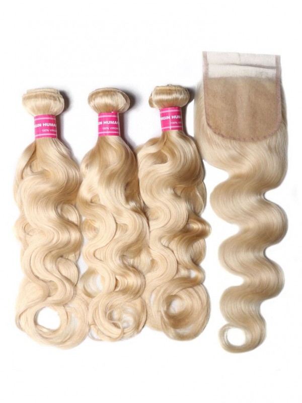 I Migliori Capelli Umani Vergini 3Pcs 613 Fasci Di Capelli Umani Vergini Biondi Con Capelli Dell'Onda Del Corpo Della Chiusura Del Pizzo