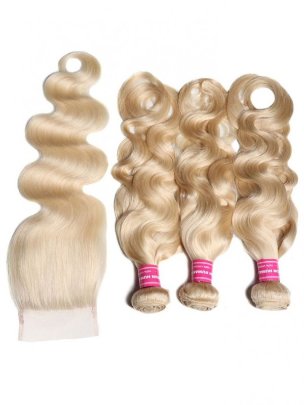 I Migliori Capelli Umani Vergini 3Pcs 613 Fasci Di Capelli Umani Vergini Biondi Con Capelli Dell'Onda Del Corpo Della Chiusura Del Pizzo