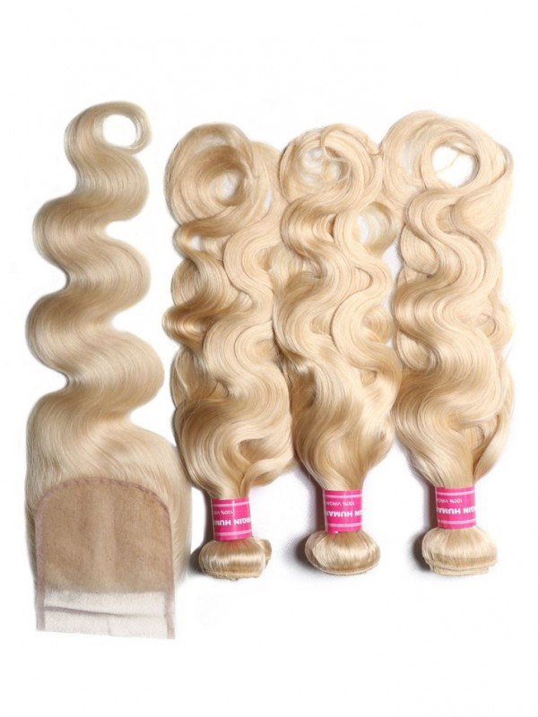 I Migliori Capelli Umani Vergini 3Pcs 613 Fasci Di Capelli Umani Vergini Biondi Con Capelli Dell'Onda Del Corpo Della Chiusura Del Pizzo