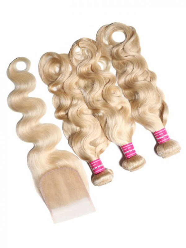 I Migliori Capelli Umani Vergini 3Pcs 613 Fasci Di Capelli Umani Vergini Biondi Con Capelli Dell'Onda Del Corpo Della Chiusura Del Pizzo