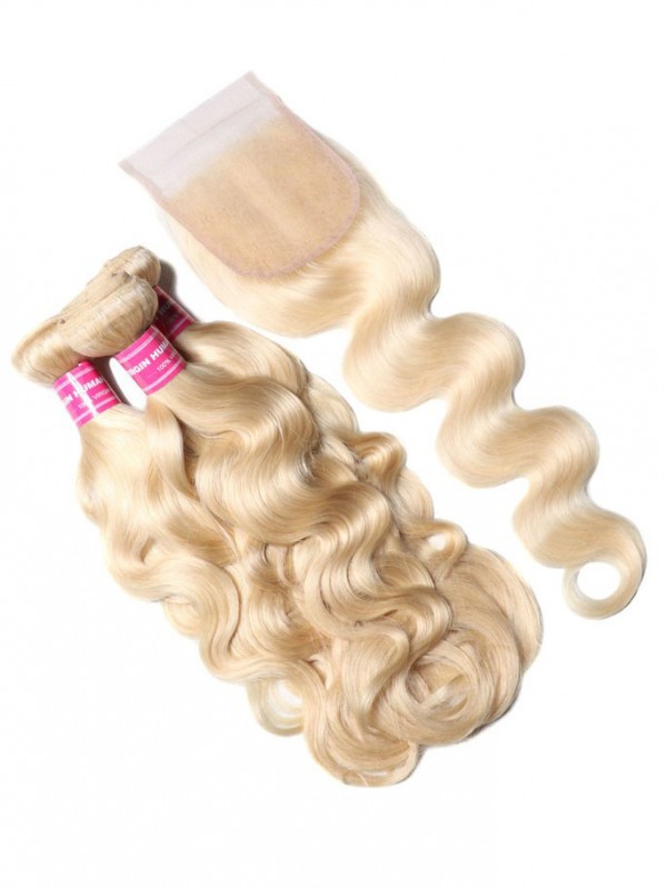 I Migliori Capelli Umani Vergini 3Pcs 613 Fasci Di Capelli Umani Vergini Biondi Con Capelli Dell'Onda Del Corpo Della Chiusura Del Pizzo