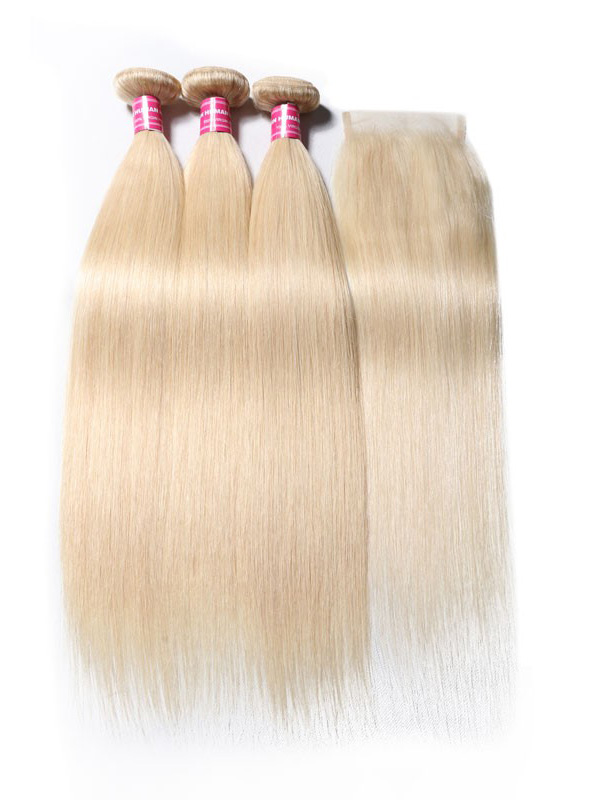 3Pcs 613 Fasci Di Capelli Biondi Con Chiusura Capelli Umani Vergini Dritti Da 16-24 Pollici