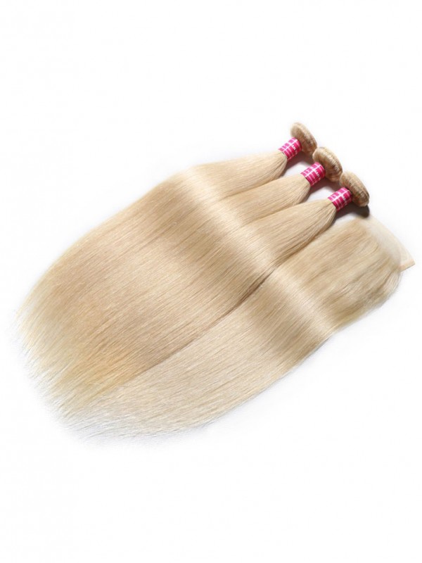 3Pcs 613 Fasci Di Capelli Biondi Con Chiusura Capelli Umani Vergini Dritti Da 16-24 Pollici