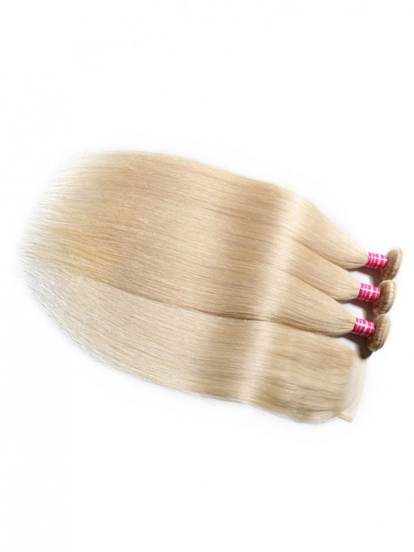 3Pcs 613 Fasci Di Capelli Biondi Con Chiusura Capelli Umani Vergini Dritti Da 16-24 Pollici