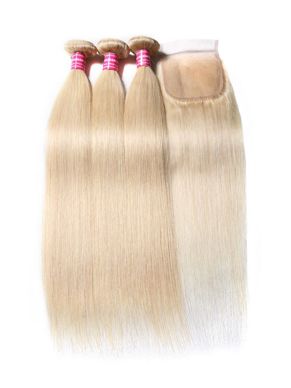 3Pcs 613 Fasci Di Capelli Biondi Con Chiusura Capelli Umani Vergini Dritti Da 16-24 Pollici