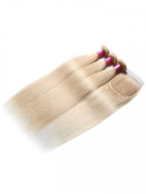 3Pcs 613 Fasci Di Capelli Biondi Con Chiusura Capelli Umani Vergini Dritti Da 16-24 Pollici