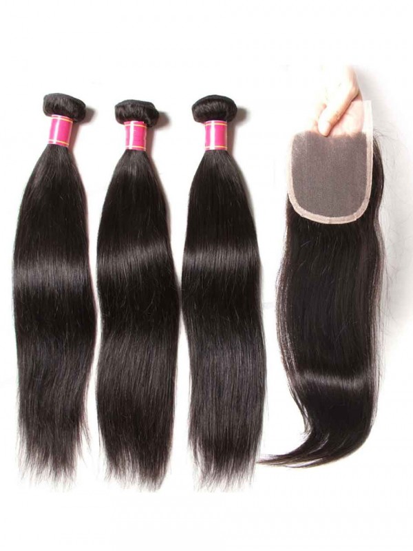 Tessuto Di Capelli Umani Lisci Vergini A 4 Fasci Con Chiusura Frontale In Pizzo