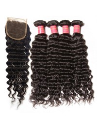 Fasci Vergini Del Tessuto Dei Capelli Dell'Onda Profonda 4 Con La Chiusura Capelli Vergini 12In-26In Con La Chiusura Del Pizzo 10In-20In