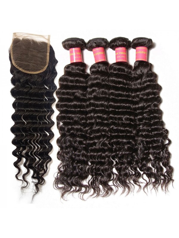 Fasci Vergini Del Tessuto Dei Capelli Dell'Onda Profonda 4 Con La Chiusura Capelli Vergini 12In-26In Con La Chiusura Del Pizzo 10In-20In