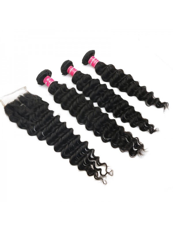 Fasci Vergini Del Tessuto Dei Capelli Dell'Onda Profonda 4 Con La Chiusura Capelli Vergini 12In-26In Con La Chiusura Del Pizzo 10In-20In