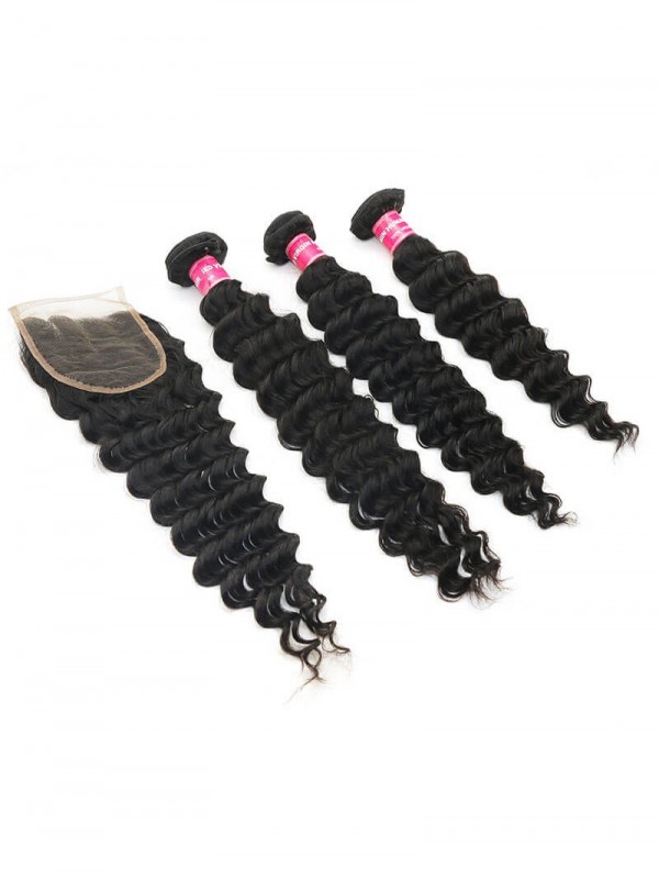 Fasci Vergini Del Tessuto Dei Capelli Dell'Onda Profonda 4 Con La Chiusura Capelli Vergini 12In-26In Con La Chiusura Del Pizzo 10In-20In
