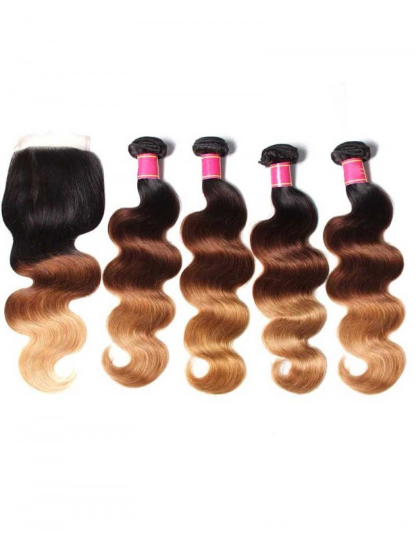 4 Pacchi Di Capelli Vergini Umani Brasiliani Dell'Onda Del Corpo Di Ombre Con Chiusura