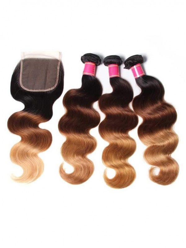 4 Pacchi Di Capelli Vergini Umani Brasiliani Dell'Onda Del Corpo Di Ombre Con Chiusura