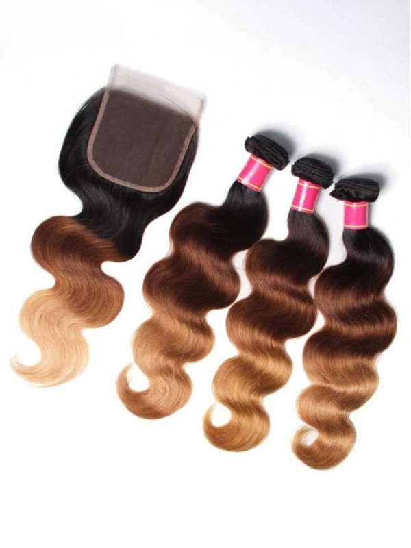 4 Pacchi Di Capelli Vergini Umani Brasiliani Dell'Onda Del Corpo Di Ombre Con Chiusura