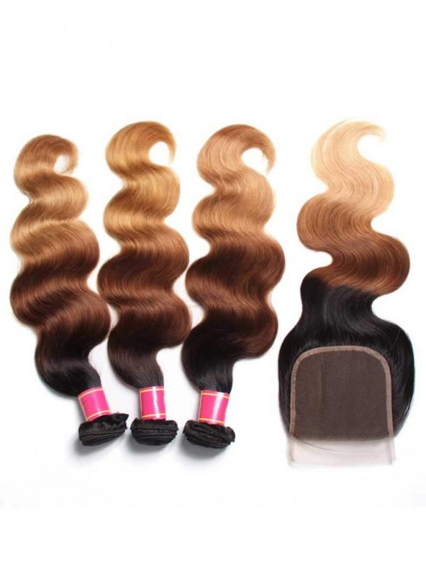 4 Pacchi Di Capelli Vergini Umani Brasiliani Dell'Onda Del Corpo Di Ombre Con Chiusura