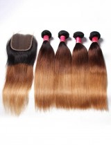 Capelli 4 Fasci Di Capelli Con Chiusura Tre Toni Ombre Dritti Tessitura Di Capelli Vergini Umani