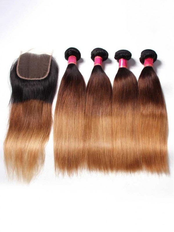 Capelli 4 Fasci Di Capelli Con Chiusura Tre Toni Ombre Dritti Tessitura Di Capelli Vergini Umani