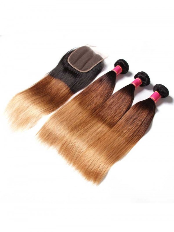 Capelli 4 Fasci Di Capelli Con Chiusura Tre Toni Ombre Dritti Tessitura Di Capelli Vergini Umani