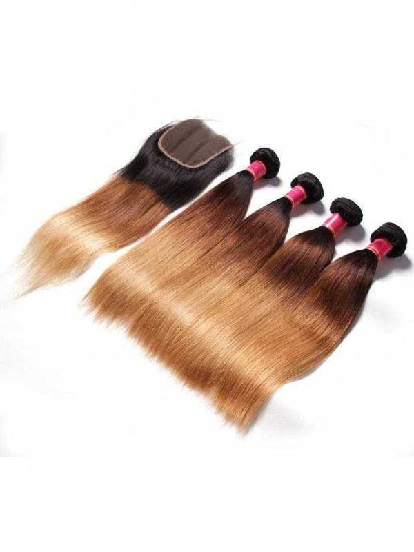 Capelli 4 Fasci Di Capelli Con Chiusura Tre Toni Ombre Dritti Tessitura Di Capelli Vergini Umani