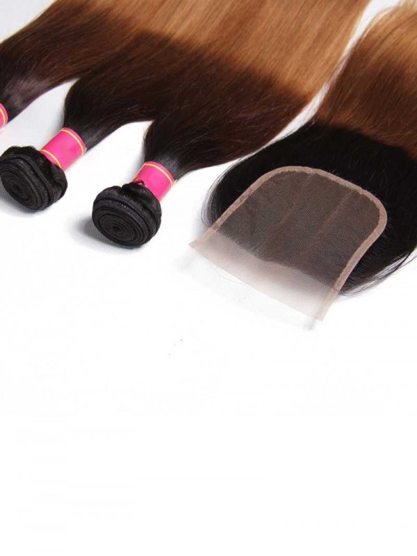 Capelli 4 Fasci Di Capelli Con Chiusura Tre Toni Ombre Dritti Tessitura Di Capelli Vergini Umani