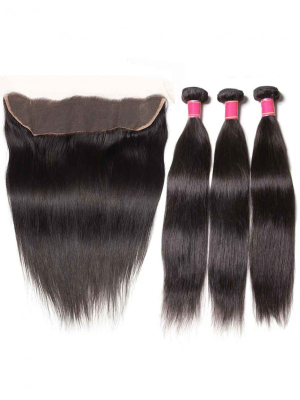 Capelli Vergini Diritti Intrecciano 3 Pacchi Con Chiusura Frontale In Pizzo 13X4 Da Orecchio A Orecchio