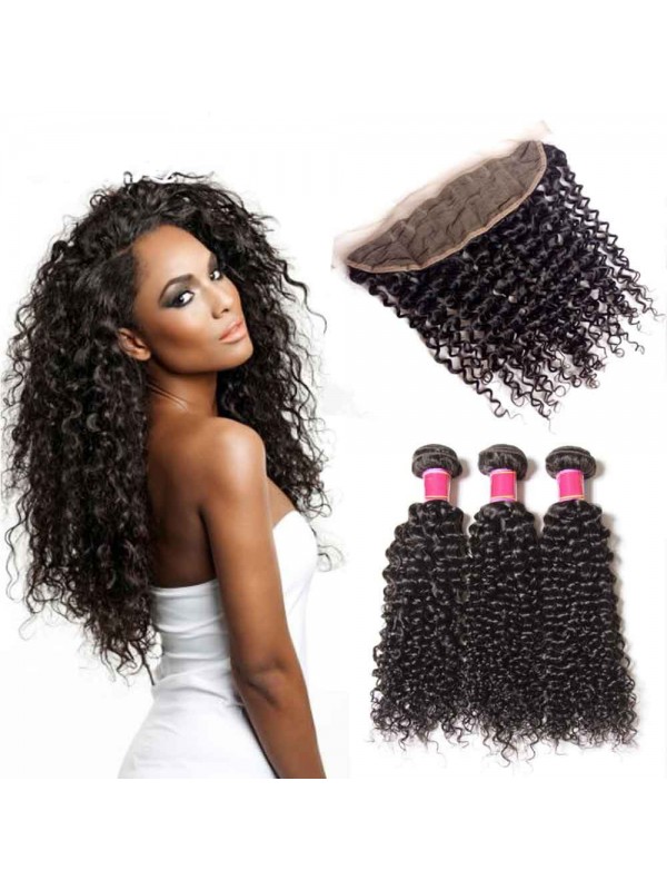 Capelli Vergini Ricci Crespi Intrecciano 3 Pacchi Con Chiusura Frontale In Pizzo 13X4 Migliori Capelli Umani Vergini