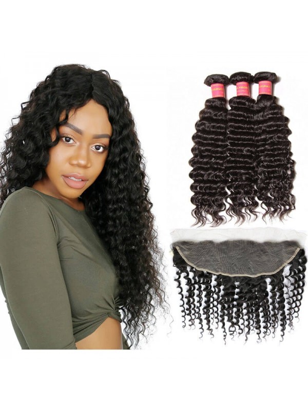 Capelli Vergini Ad Onda Profonda 3 Pacchi Con Capelli Umani Morbidi Con Chiusura Frontale In Pizzo 13X4
