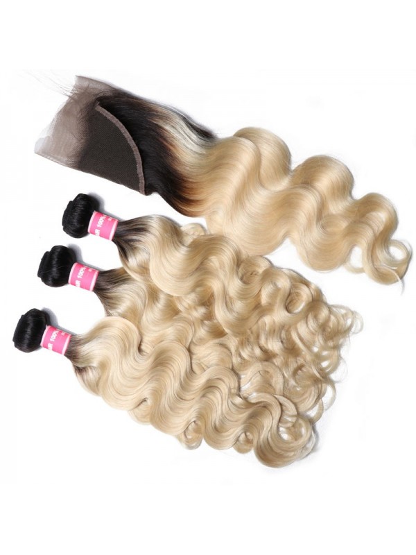 Capelli Vergini Dell'Onda Del Corpo Del Tessuto Dei Capelli Umani 1B/613 3 Pacchi Con La Chiusura Frontale Del Pizzo 13X4