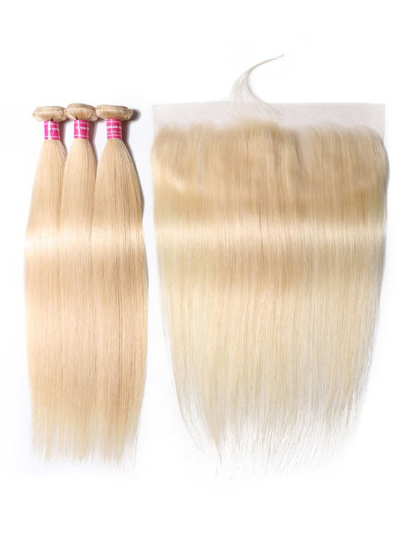 613 Capelli Vergini Lisci Intrecciano 3 Pacchi Con Frontale In Pizzo 13X4 Colore Biondo