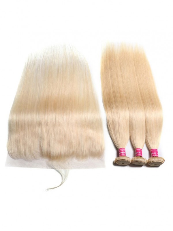 613 Capelli Vergini Lisci Intrecciano 3 Pacchi Con Frontale In Pizzo 13X4 Colore Biondo