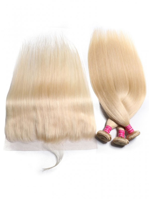 613 Capelli Vergini Lisci Intrecciano 3 Pacchi Con Frontale In Pizzo 13X4 Colore Biondo