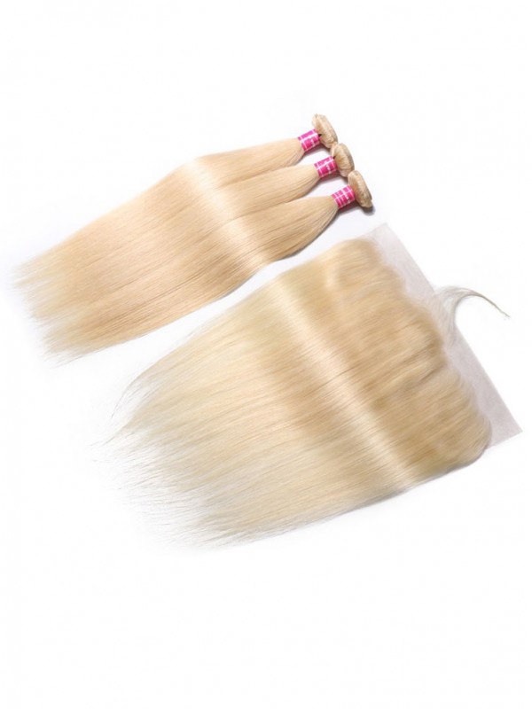 613 Capelli Vergini Lisci Intrecciano 3 Pacchi Con Frontale In Pizzo 13X4 Colore Biondo