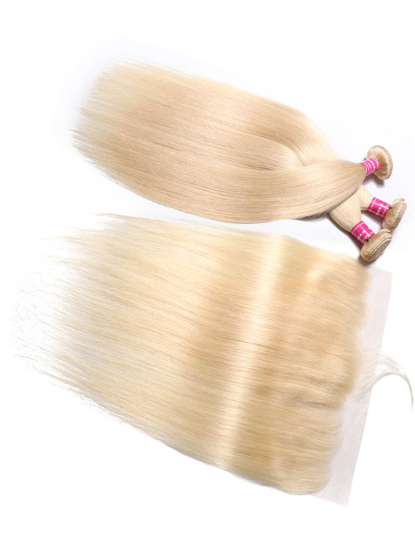 613 Capelli Vergini Lisci Intrecciano 3 Pacchi Con Frontale In Pizzo 13X4 Colore Biondo