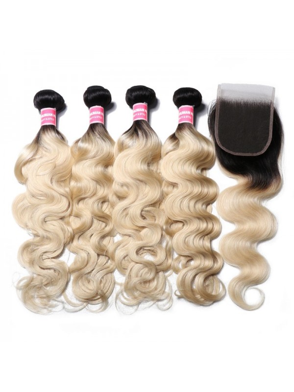 Capelli Vergini Dell'Onda Del Corpo T1B/613 4 Pacchi Con Chiusura Frontale In Pizzo