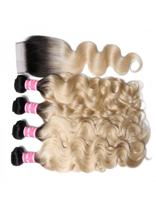 Capelli Vergini Dell'Onda Del Corpo T1B/613 4 Pacchi Con Chiusura Frontale In Pizzo