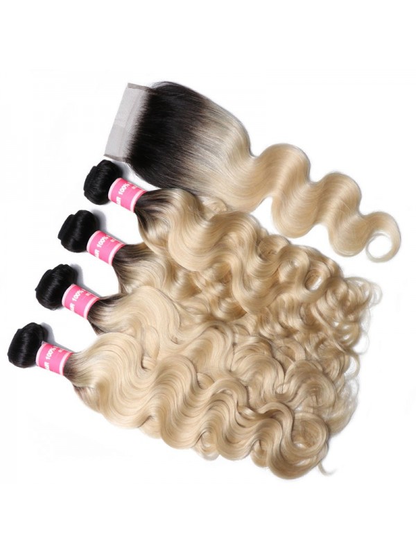 Capelli Vergini Dell'Onda Del Corpo T1B/613 4 Pacchi Con Chiusura Frontale In Pizzo