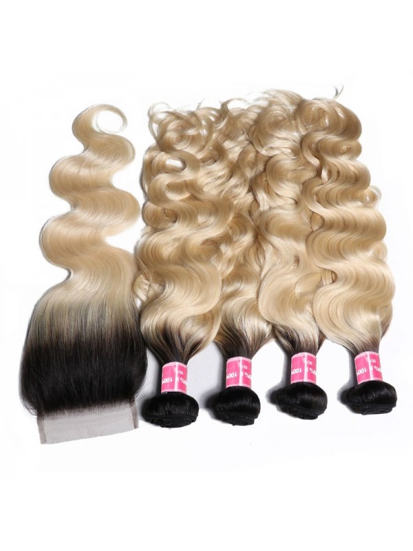 Capelli Vergini Dell'Onda Del Corpo T1B/613 4 Pacchi Con Chiusura Frontale In Pizzo