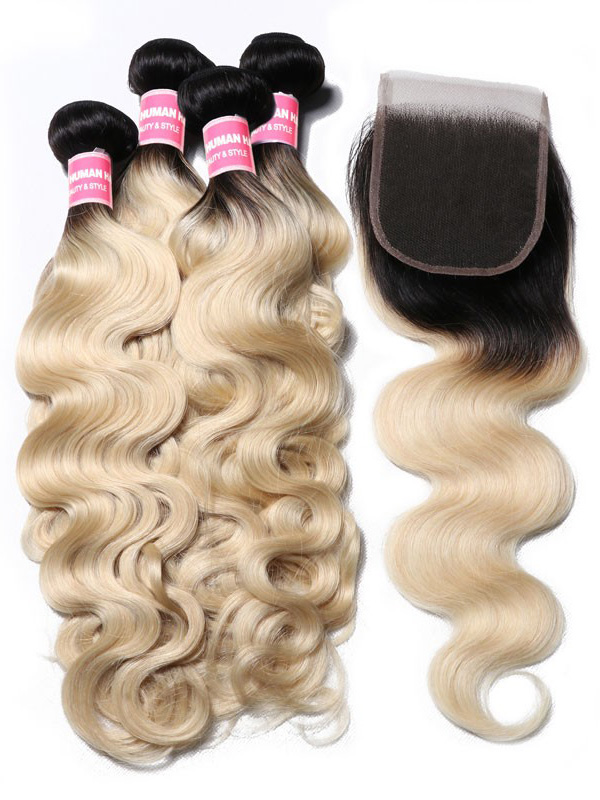Capelli Vergini Dell'Onda Del Corpo T1B/613 4 Pacchi Con Chiusura Frontale In Pizzo