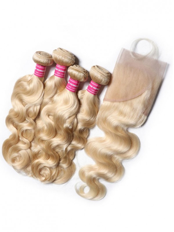 Colore Del Tessuto Del Corpo Dei Capelli Umani 613 Capelli Biondi 100% Capelli Umani Di Remy Che Tessono 4 Bundles Con Frontale