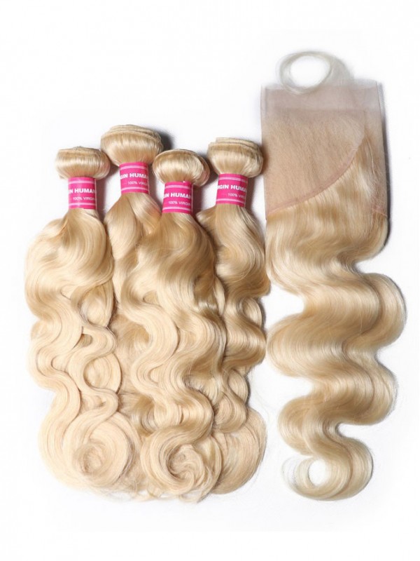 Colore Del Tessuto Del Corpo Dei Capelli Umani 613 Capelli Biondi 100% Capelli Umani Di Remy Che Tessono 4 Bundles Con Frontale