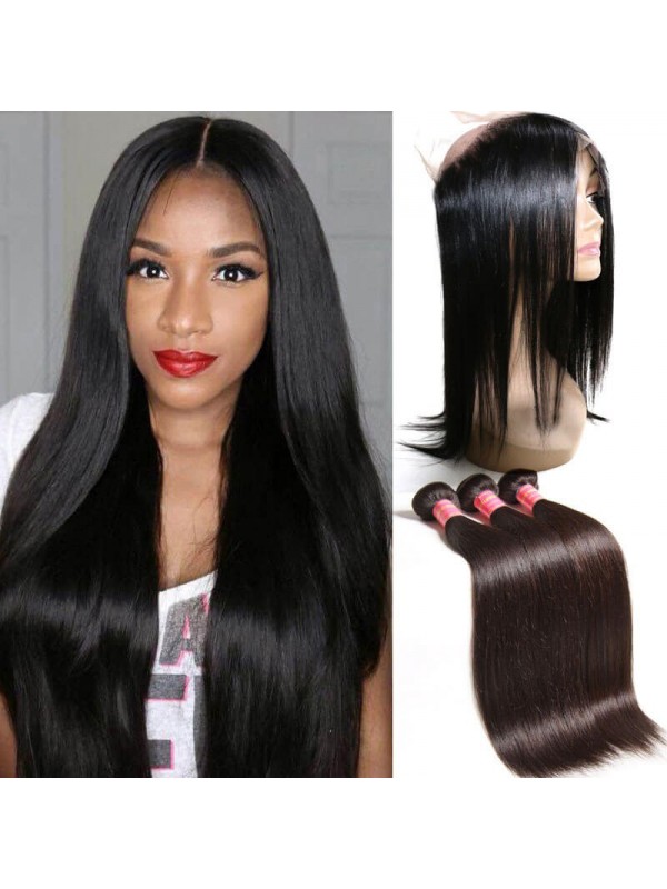 Capelli Vergini Lisci 3 Pacchi Con Chiusura Frontale In Pizzo 360 Tessuto Non Trattato Per Capelli Umani