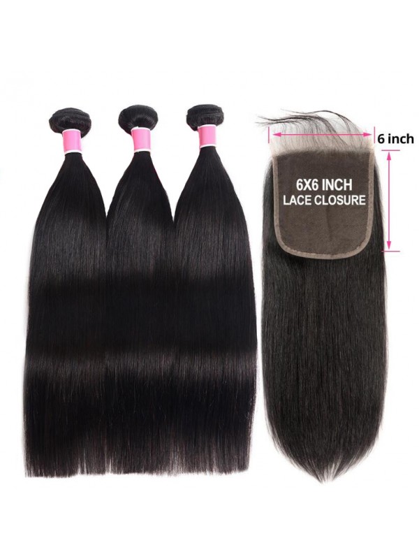 Offerte Di Bundle Di Capelli Lisci 3 Con Chiusura In Pizzo 6 * 6