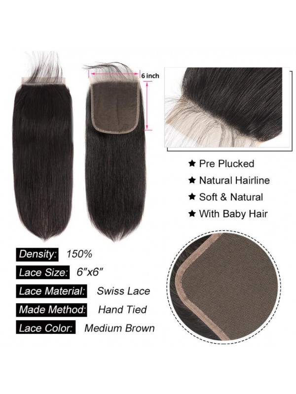Offerte Di Bundle Di Capelli Lisci 3 Con Chiusura In Pizzo 6 * 6