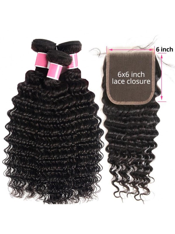 Fasci Di Capelli Umani Con Trama A Onda Profonda 3 Fasci Con Chiusura In Pizzo 6X6