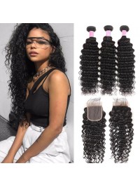 3 Pacchi Di Capelli Ad Onda Profonda Con Chiusura In Pizzo 4 * 4 Capelli Brasiliani Perlati Di Ali